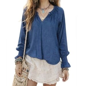 White House Black Market Cotton Chambray Blouse Silver Metallic Pinstripe XS